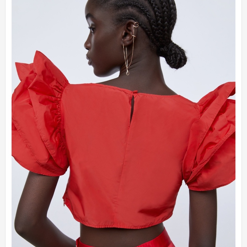 Zara Red Frilly Sleeves Top Size L - Picture 4 of 7